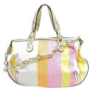 Auth LOEWE Multicolor Anagram Striped Canvas Gold Leather 2way Fiesta Satchel